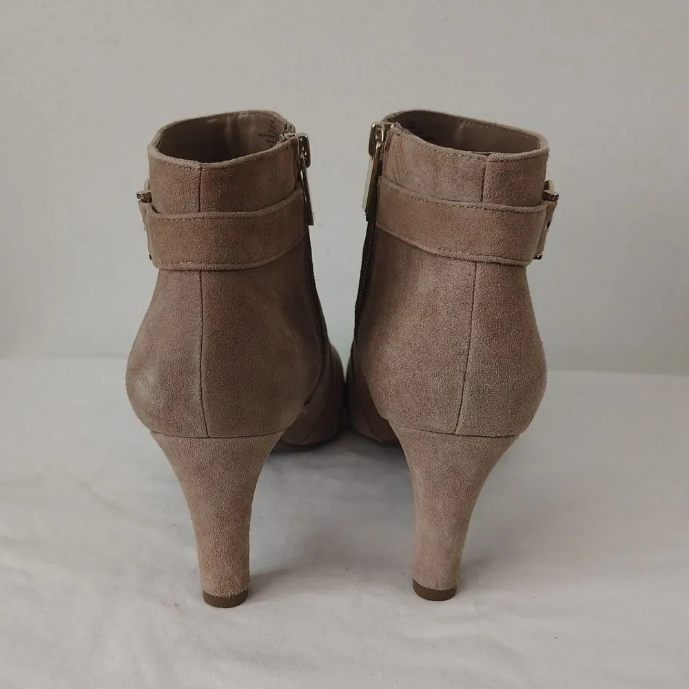 Bandolino Ankle Boots Taupe Tan Leather Suede Heeled Shoes Size 8.5M